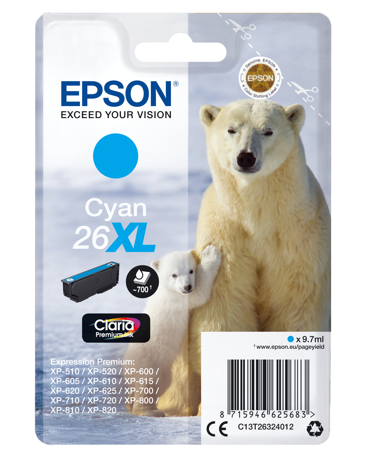 Image of Epson C13T26324012/26XL Ink cartridge cyan high-capacity XL, 700...