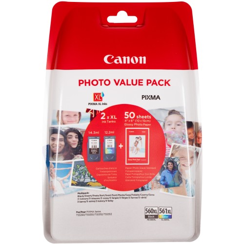 Canon 3712C004/PG-560XLCL561XL Printhead cartridge multi pack black + color +50 sheet Photopaper 14,3ml + 12,2ml Pack=2 for Canon Pixma TS 5350