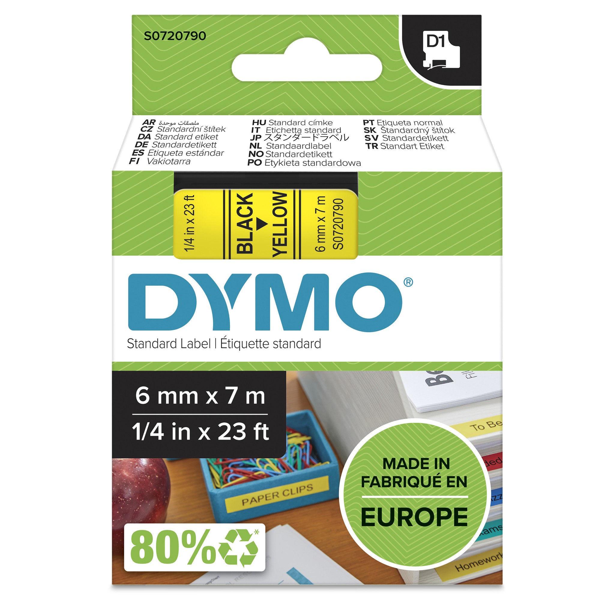 Dymo 43618/S0720790 DirectLabel-etikettes black on yellow 6mm x 7m for Dymo D1 6-12mm/19mm/24mm/400 Duo