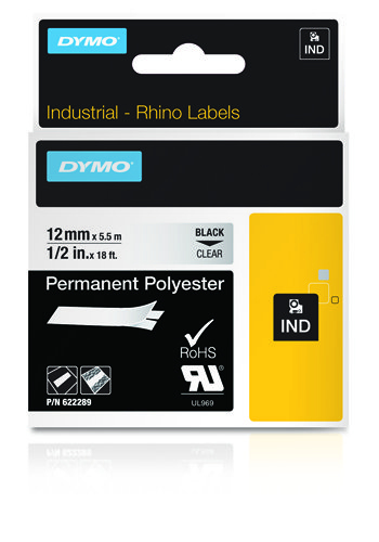 Dymo 622289 Ribbon Polyester permanent black on Transparent 12mm x 5,5m for Dymo Rhino 6-12mm/19mm/24mm