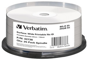 Image of Verbatim BD-R SL 25GB 6x Wide Printable 25 Pack Spindle - No ID Brand
