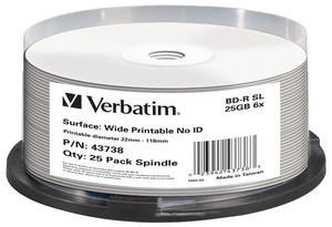 Verbatim BD-R SL 25GB 6x Wide Printable 25 Pack Spindle - No ID Brand