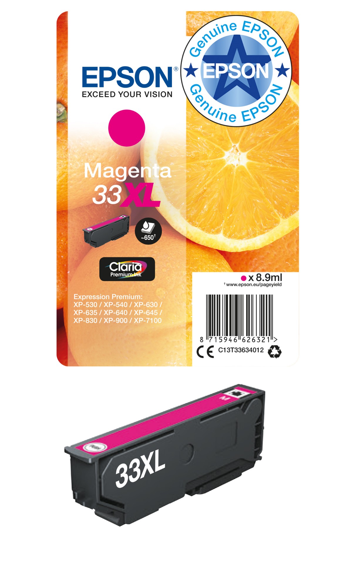 Epson C13T33634012/33XL Ink cartridge magenta high-capacity, 650 pages ISO/IEC 19752 8.9ml for Epson XP 530