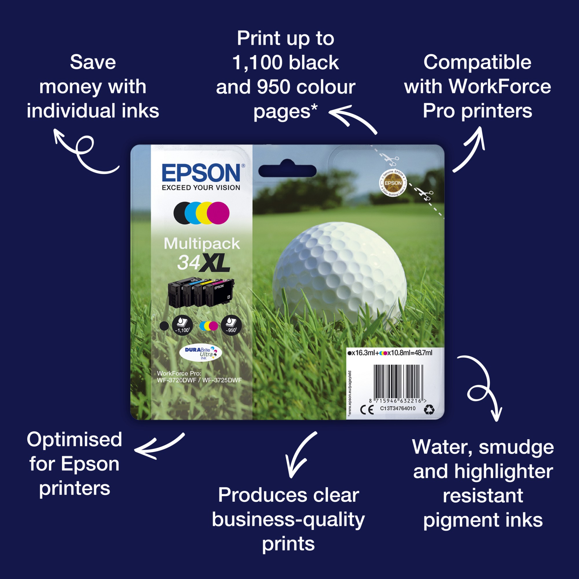 Epson 34XL Golf Ball DURABrite Ultra Ink Cartridge High Yield Black C13T34714010