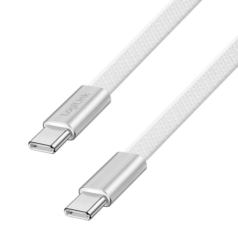 LogiLink USB 2.0 Type-C cable, C/M to C/M, flat, 480 Mbps, 60W, braided, white, 1 m