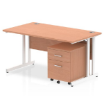 Dynamic Impulse Cantilever Straight Office Desk W1400 x D800 x H730mm Beech Finish White Frame With 2 Drawer Mobile Pedestal - I003908 DD