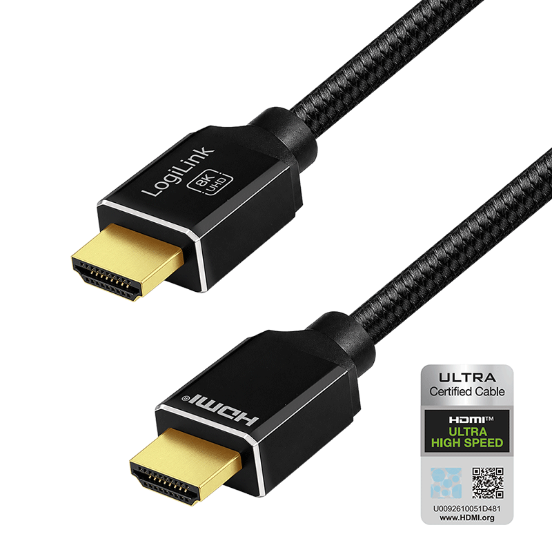 LogiLink HDMI cable, A/M to A/M, 8K/60 Hz, 48 Gbps, metal, nylon, certified, black, 1 m