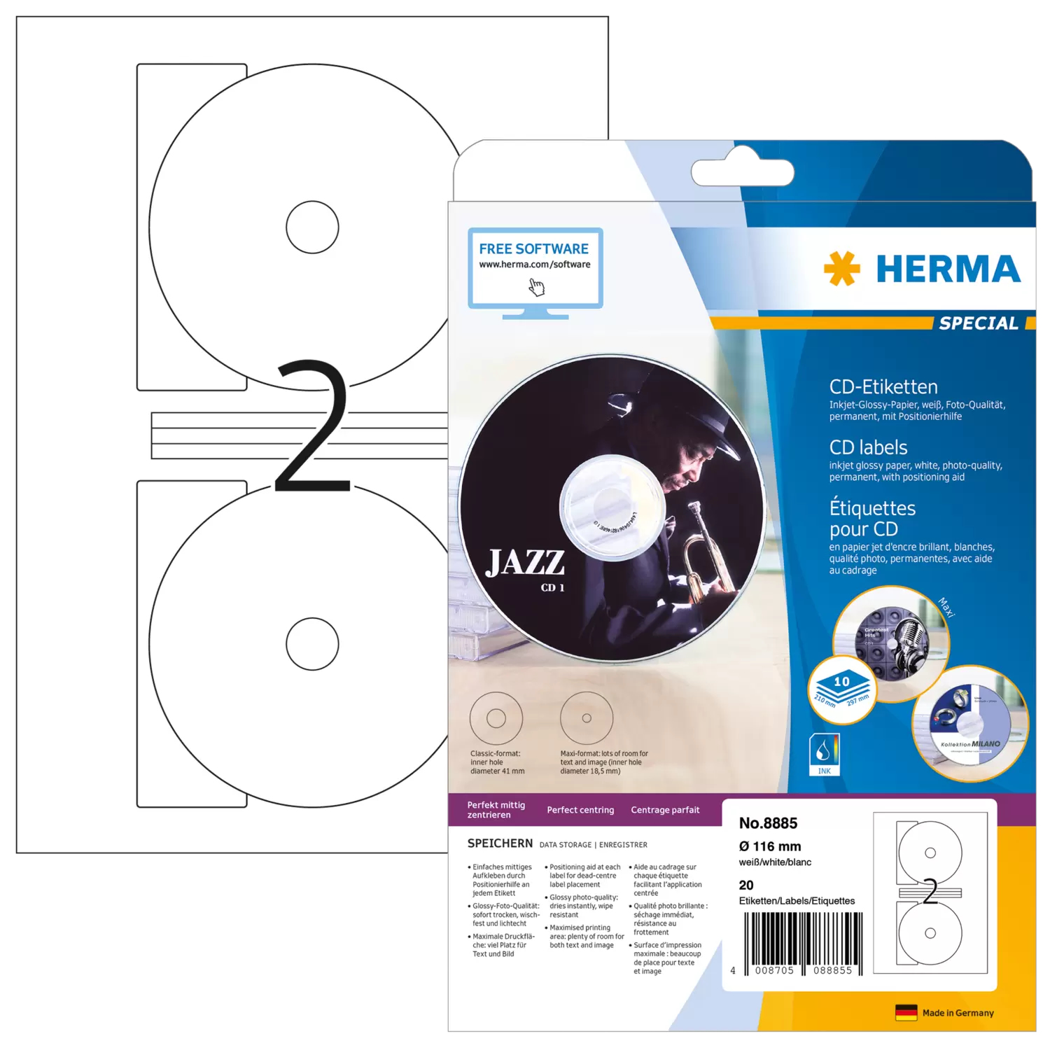 Image of HERMA Inkjet CD labels Maxi A4 Ø 116 mm white paper glossy 20 pcs.