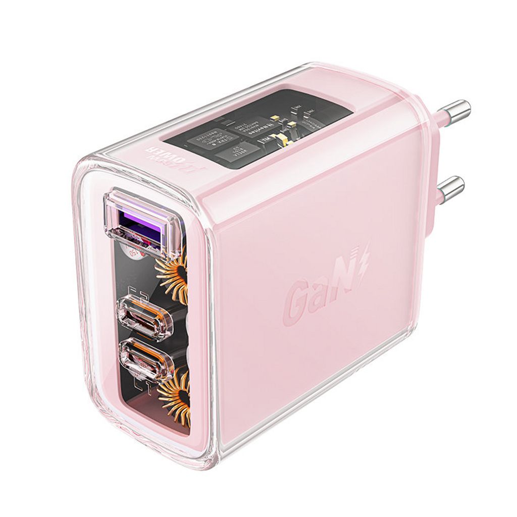 EU Product - Acefast charger GaN 65W, 3 ports (1xUSB, 2xUSB-C) - Pink thumbnail