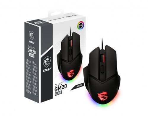 MSI CLUTCH GM20 ELITE Optical Gaming Mouse '6400 DPI Optical Sensor, 6 Programmable button, Dual-Zone RGB, Ergonomic design, OMRON Switch with 20+ Million Clicks, Weight Adjustable, Red LED'