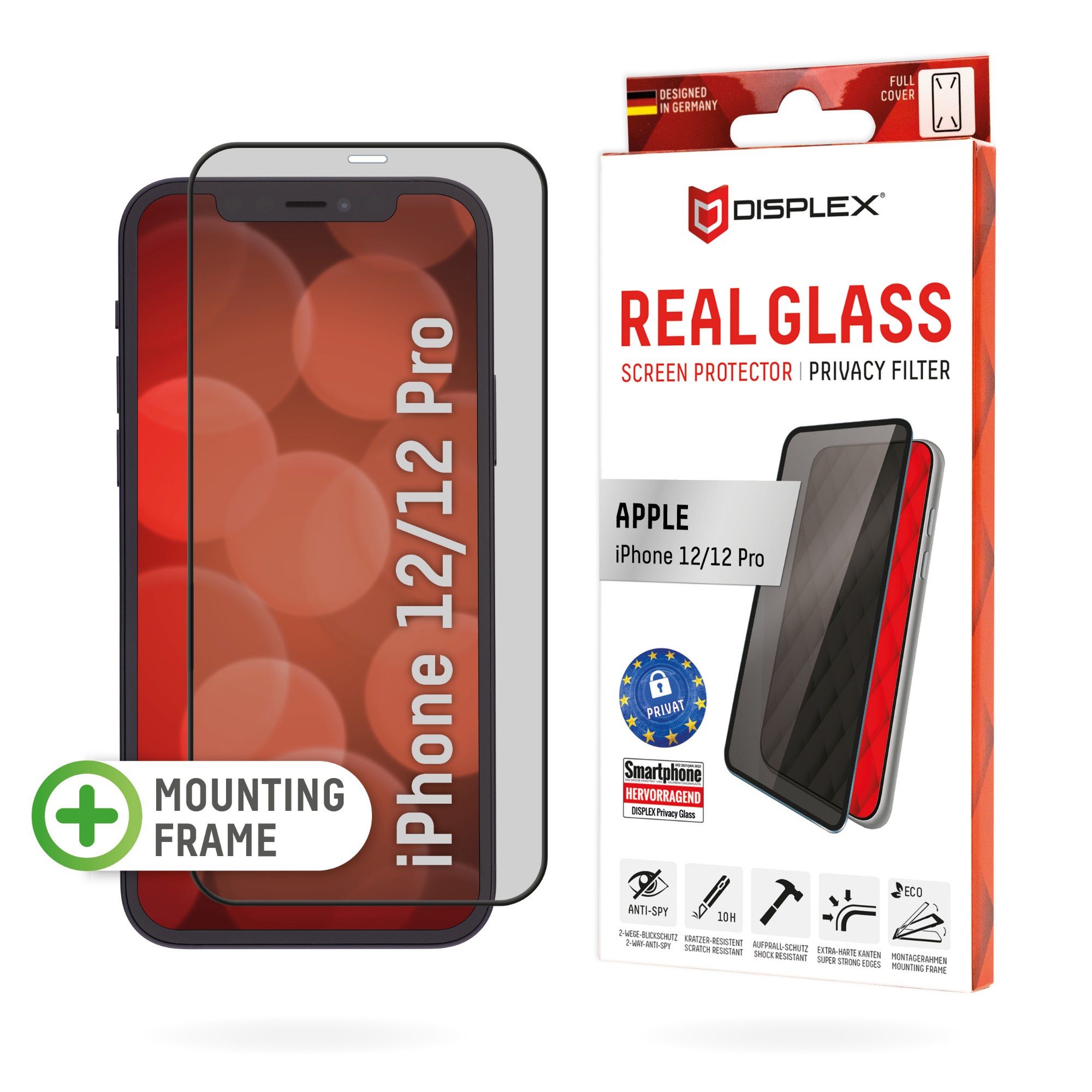 Displex Privacy Full Cover Screen Protector (10H) for Apple iPhone 12/12 Pro, Eco Mounting Frame, Privacy Filter, Tempered Glass, scratch resistant protective film, case friendly