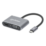 Manhattan USB-C Dock/Hub, Ports (x4): HDMI, USB-A, USB-C and VGA, With Power Delivery (87W) to USB-C Port (Note add USB-C wall charger and USB-C cable needed), All Ports can be used at the same time, Aluminium, Space Grey, Three Year Warranty, Retail Box