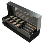 apg Solutions 460 Flip Lid Drawer 460 x 170 x 100 mm, ABS plastic insert 8C4N, Metal lockable lid for insert with random lock and key included, Dark grey base and stainless stell top finish , 3 meter cable RJ11 24V, ALIKE LOCK ON DRAWER FRONT