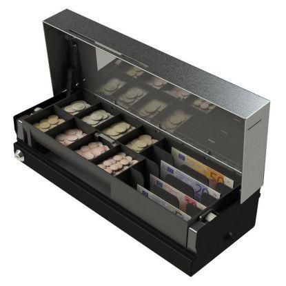 460 Flip Lid Drawer 460 x 170 x 100 mm, ABS plastic insert 8C4N, Metal lockable lid for insert with random lock and key included, Dark grey base and stainless stell top finish , 3 meter cable RJ11 24V, ALIKE LOCK ON DRAWER FRONT