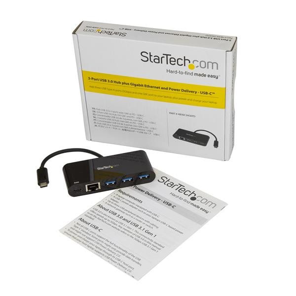 StarTech.com 3 Port USB-C Hub with Gigabit Ethernet & 60W Power Delivery Passthrough Laptop Charging - USB-C to 3x USB-A (USB 3.0 SuperSpeed 5Gbps) - USB 3.1/3.2 Gen 1 Type-C Adapter Hub