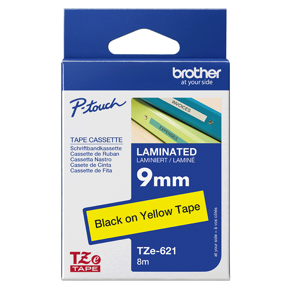 Brother TZE-621 DirectLabel black on yellow Laminat 9mm x 8m for Brother P-Touch TZ 3.5-18mm/6-12mm/6-18mm/6-24mm/6-36mm