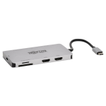 Tripp Lite U442-DOCK8-GG USB-C Dock, Dual Display - 4K 60 Hz HDMI, USB 3.x (5Gbps) Hub Ports, Memory Card, 100W PD Charging, Gray