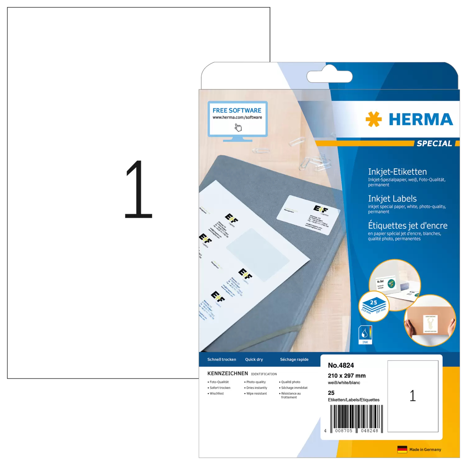Image of HERMA Inkjet labels A4 210x297 mm white paper matt 25 pcs.