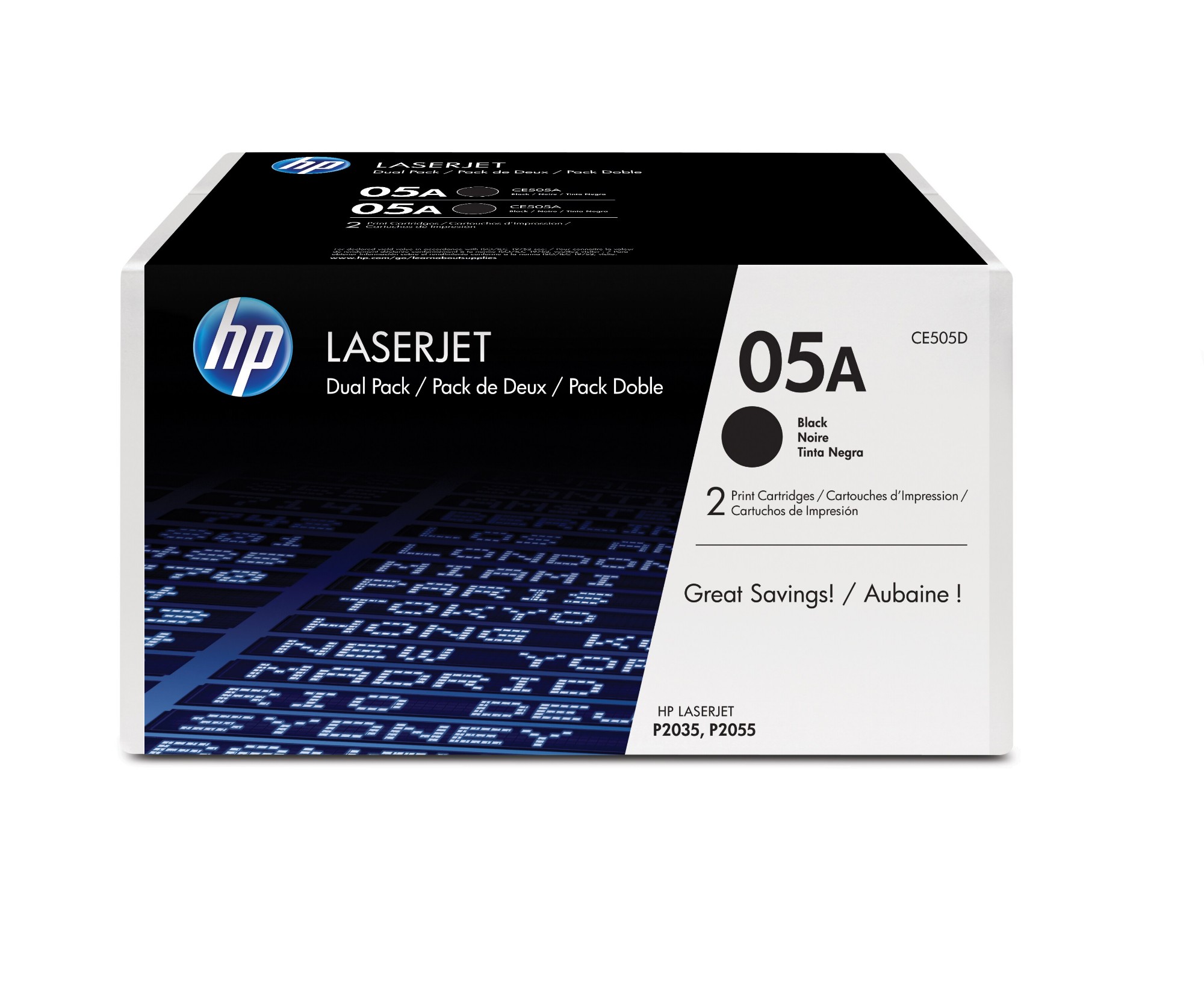 HP CE505D/05A Toner cartridge black twin pack, 2x2.3K pages ISO/IEC 19752 Pack=2 for HP LaserJet P 2035/2055 HP CE505D/05A Toner cartridge black twin pack, 2x2.3K pages ISO/IEC 19752 Pack=2 for HP LaserJet P 2035/2055