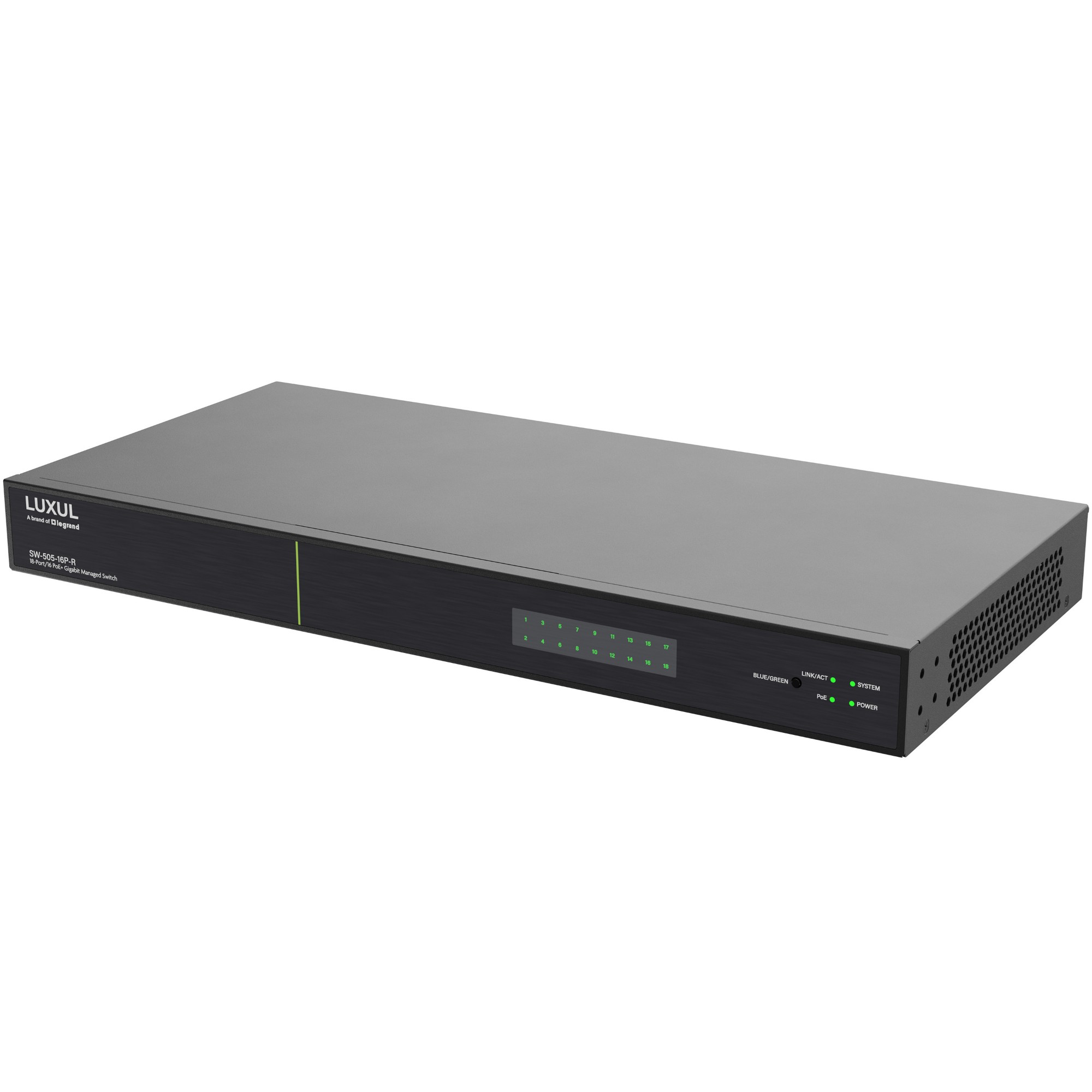 18-Port Rear Facing Gigabit (16 PoE+) L2/3 Managed Sw
