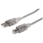 Manhattan USB-A to USB-B Cable, 3m, USB 2.0, 480 Mbps, Hi-Speed USB, Translucent Silver, Lifetime Warranty, Equivalent to USB2HAB10T