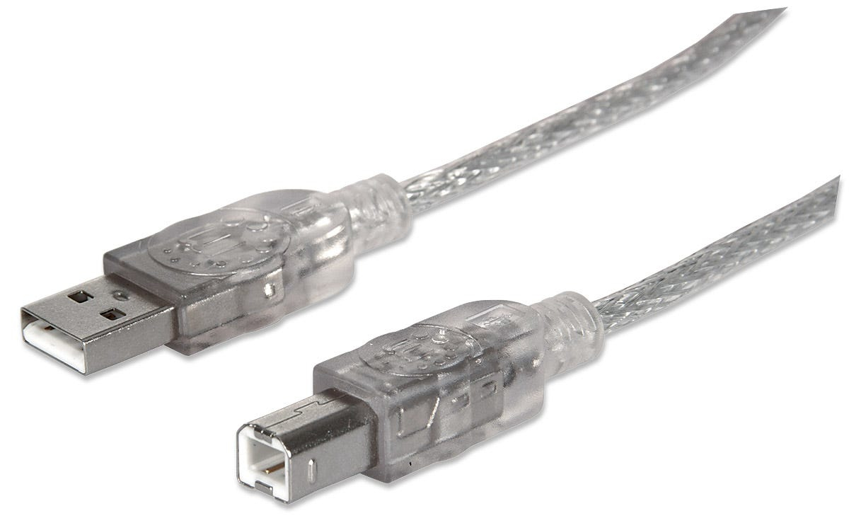 Manhattan USB-A to USB-B Cable, 3m, USB 2.0, 480 Mbps, Hi-Speed USB, Translucent Silver, Lifetime Warranty, Equivalent to USB2HAB10T
