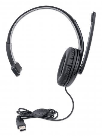 Manhattan Mono USB Headset, Single-sided Over-ear Design, In-Line Volume Control, Adjustable microphone, USB-A plug, Black, Three Year Warranty, Boxed