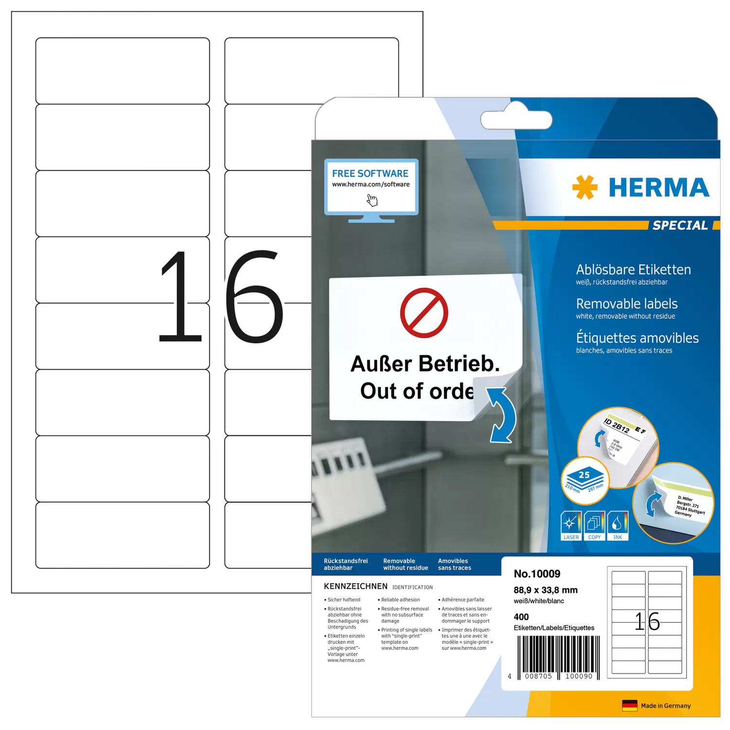 Image of HERMA Removable labels A4 88.9x33.8 mm white Movables/removable...
