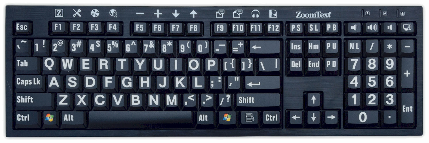 Image of Ai Squared Zoomtext Keyboard - White letters on Black keys- USB.