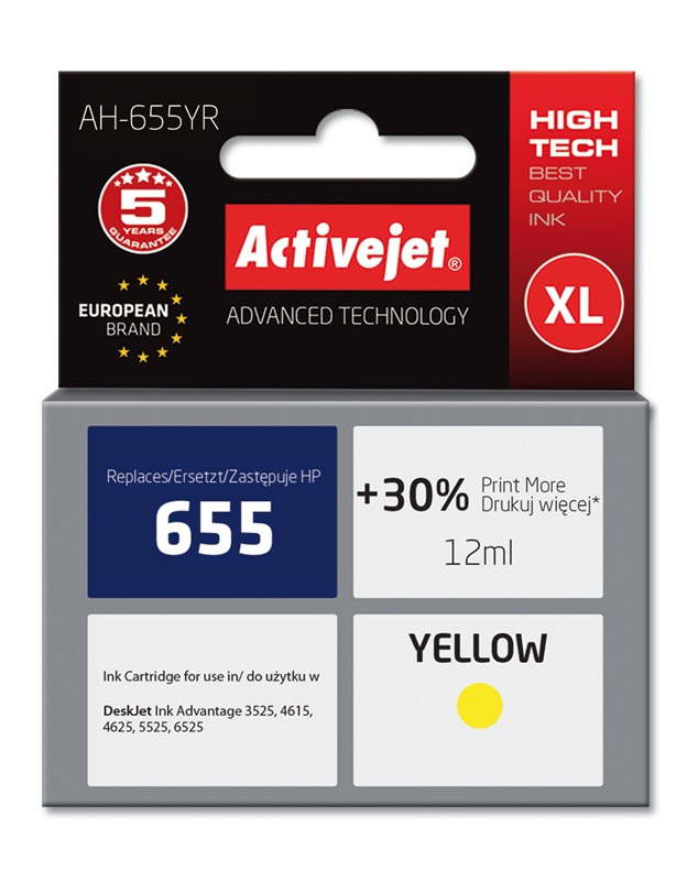 Activejet AH-655YR ink (replacement for HP 655 CZ112AE; Premium; 12 ml; yellow)