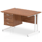 Dynamic Impulse W1200 x D800 x H730mm Straight Office Desk Cantilever Leg With 1 x 3 Drawer Single Fixed Pedestal Walnut Finish White Frame - MI001931 DD