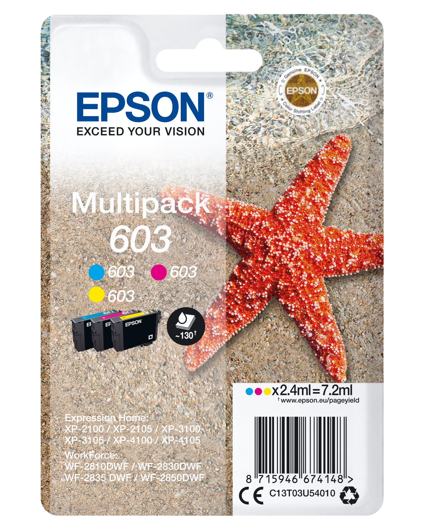 Image of Epson C13T03U54010/603 Ink cartridge multi pack C,M,Y, 3x130 pages...