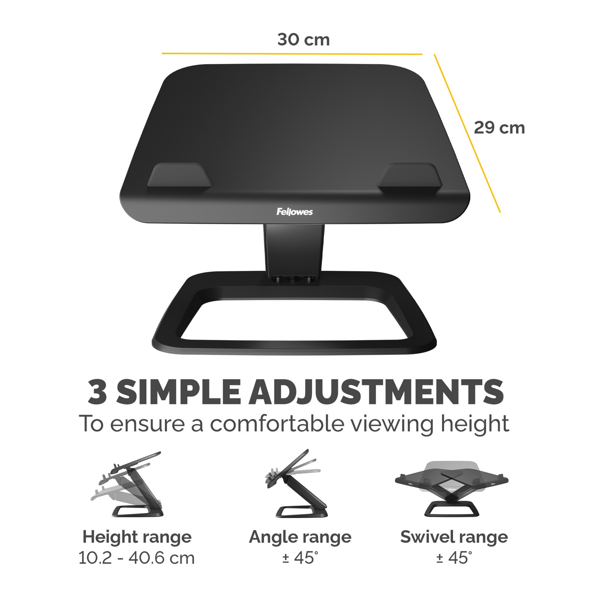 Fellowes Laptop Stand for Desk - Hana LT Laptop Stand for the Home and Office - Adjustable Laptop Stand with 3 Height Adjustments - Max Monitor Size 19", Max Weight 4.5KG - Black