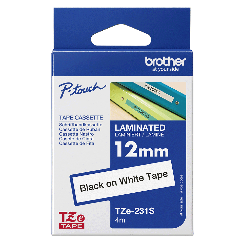 Brother P-Touch TZe Lam Tape Cassette 12mm x 4m Black on White Tape TZE231S2