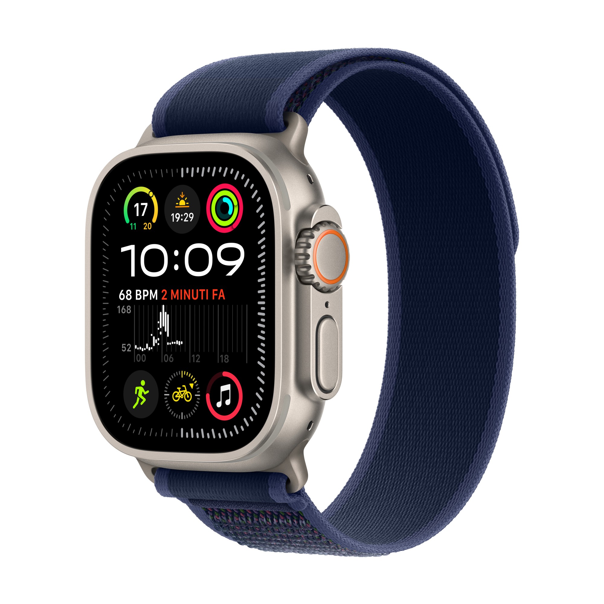 Apple Watch Ultra 2 - 49 mm - natural titanium - smart watch with Trail Loop - nylon weave - blue - band size: S/M - 64 GB - LTE, Wi-Fi 4, UWB, Bluetooth - 4G - 61.4 g