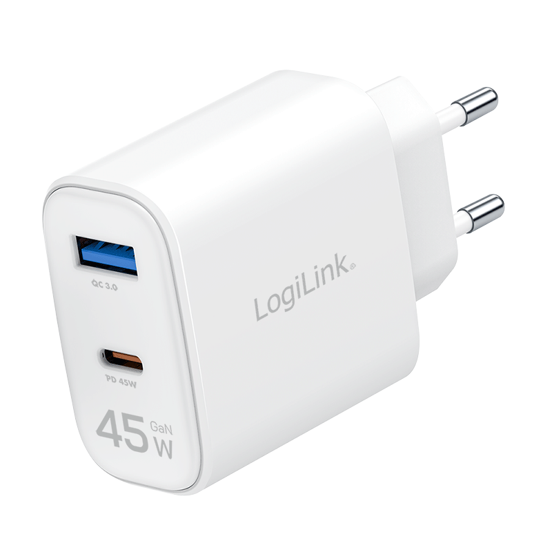 LogiLink USB-A/C charger, 45 W, GaN, 2-port, 1x USB-A (QC), 1x USB-C (PD),  White