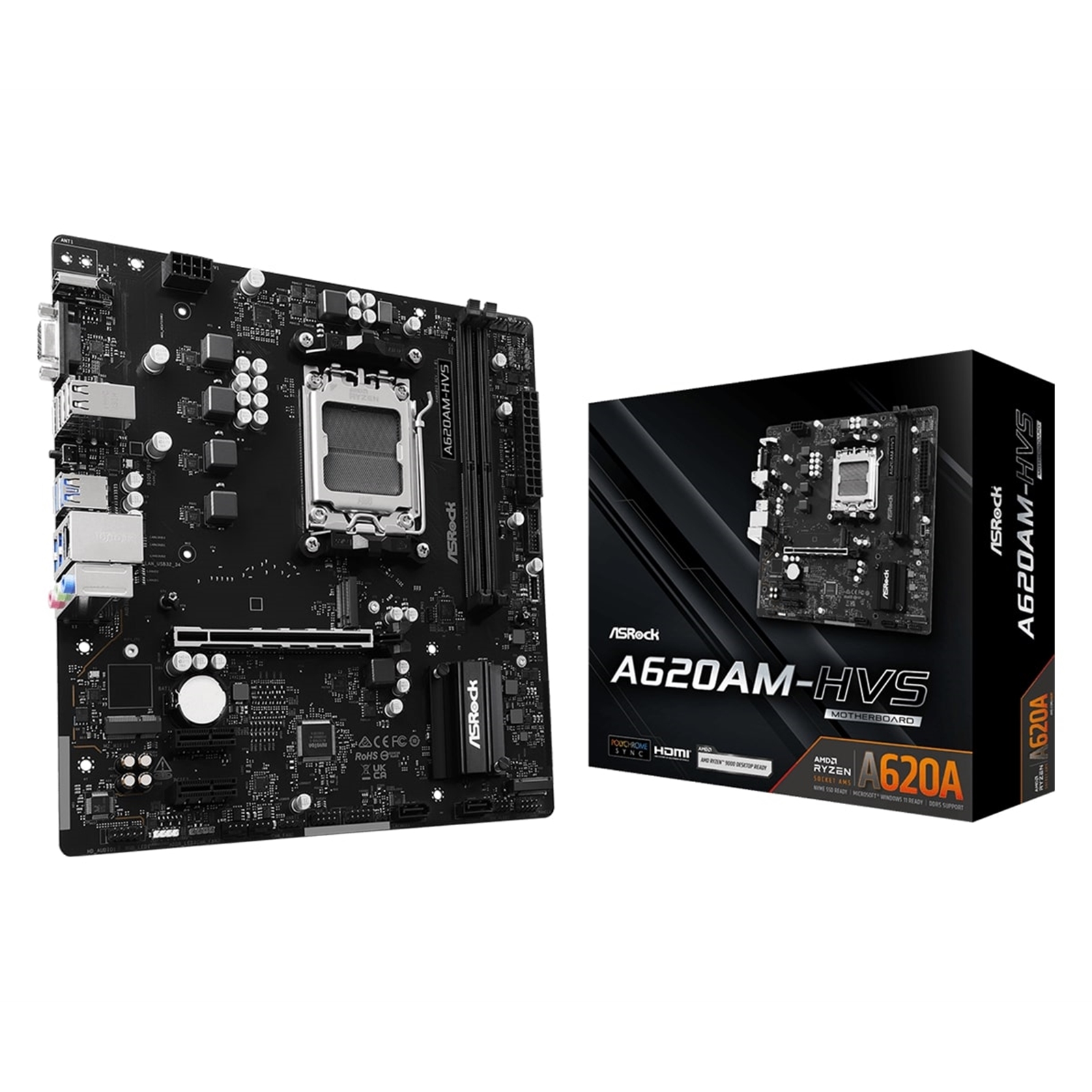 Asrock A620AM-HVS AMD AM5 Socket Motherboard, Micro-ATX, 2x DDR5 Slots, 1x M.2 Socket, GbE LAN, 1x D-Sub / 1x HDMI Port