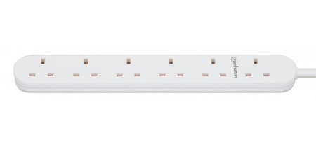 Manhattan Power Distribution Unit UK, x6 gang/output, 2m cable, 13A, White, Extension Lead, PDU, Power Strip, Three Year Warranty