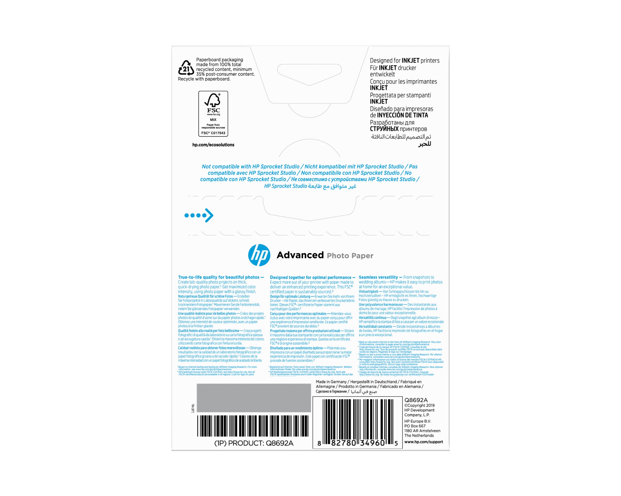 HP Advanced Photo Paper, Glossy, 250 g/m2, 10 x 15 cm (101 x 152 mm), 100 sheets