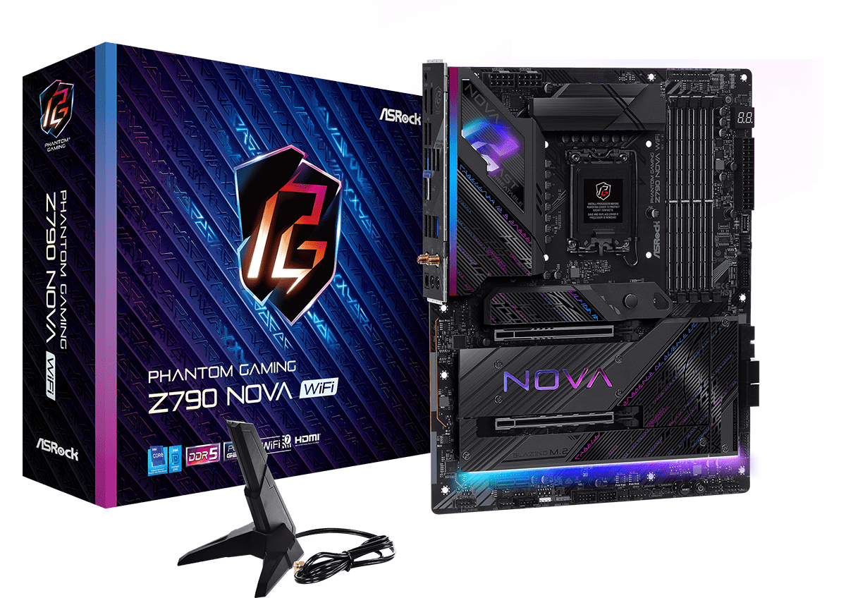 Z790 NOVA WIFI ASROCK Z790 Nova WiFi PHANTOM GAMING Intel 1700 Socket Motherboard, ATX, 4x DDR5 Slots, 7x M.2 Sockets, 2x USB-C Port, Fitted I/O Shield, 2.5GbE LAN, Wi-Fi 7, 1x DisplayPort / 1x HDMI Port