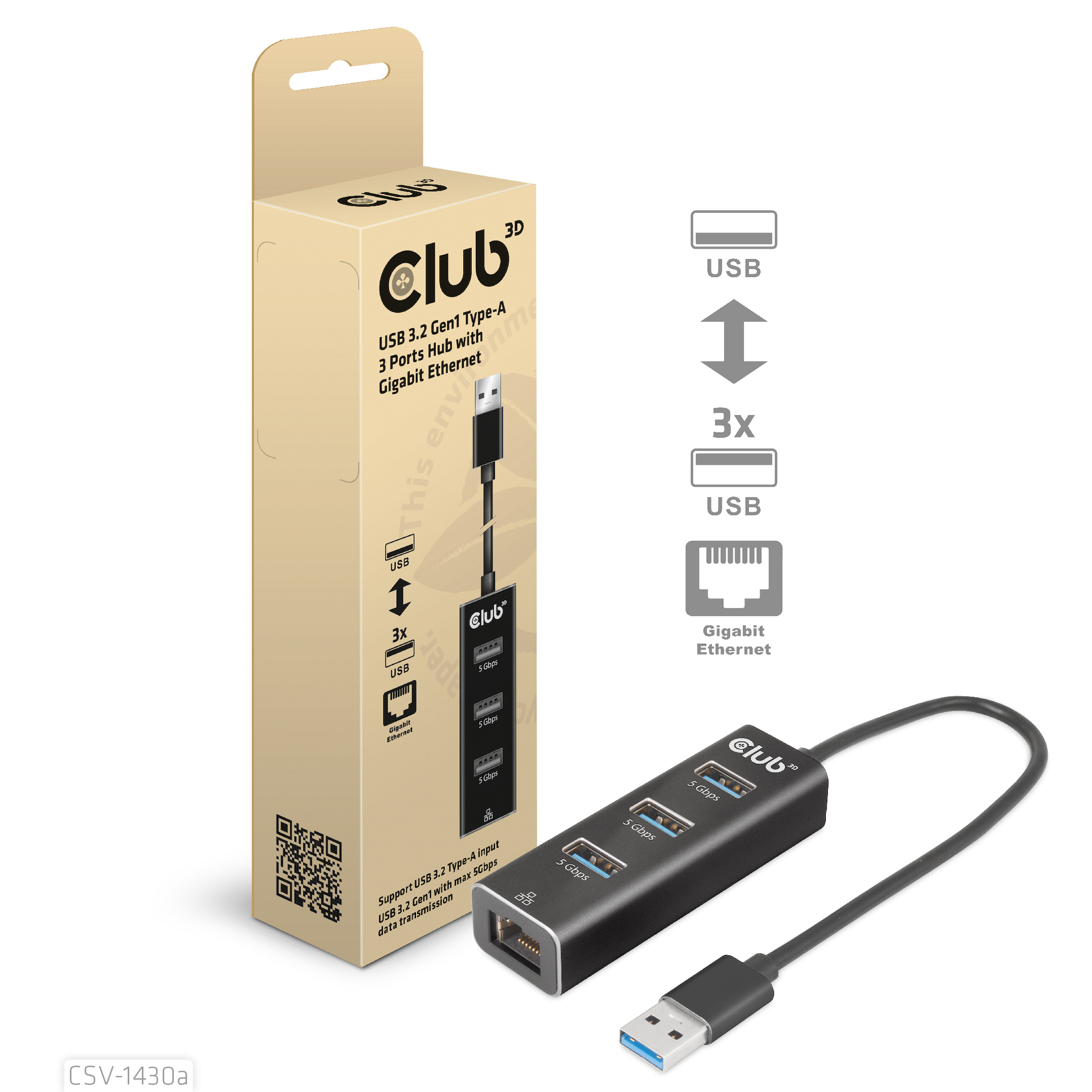 Image of CLUB3D USB 3.2 Gen1 Type-A, 3 Ports Hub with Gigabit Ethernet