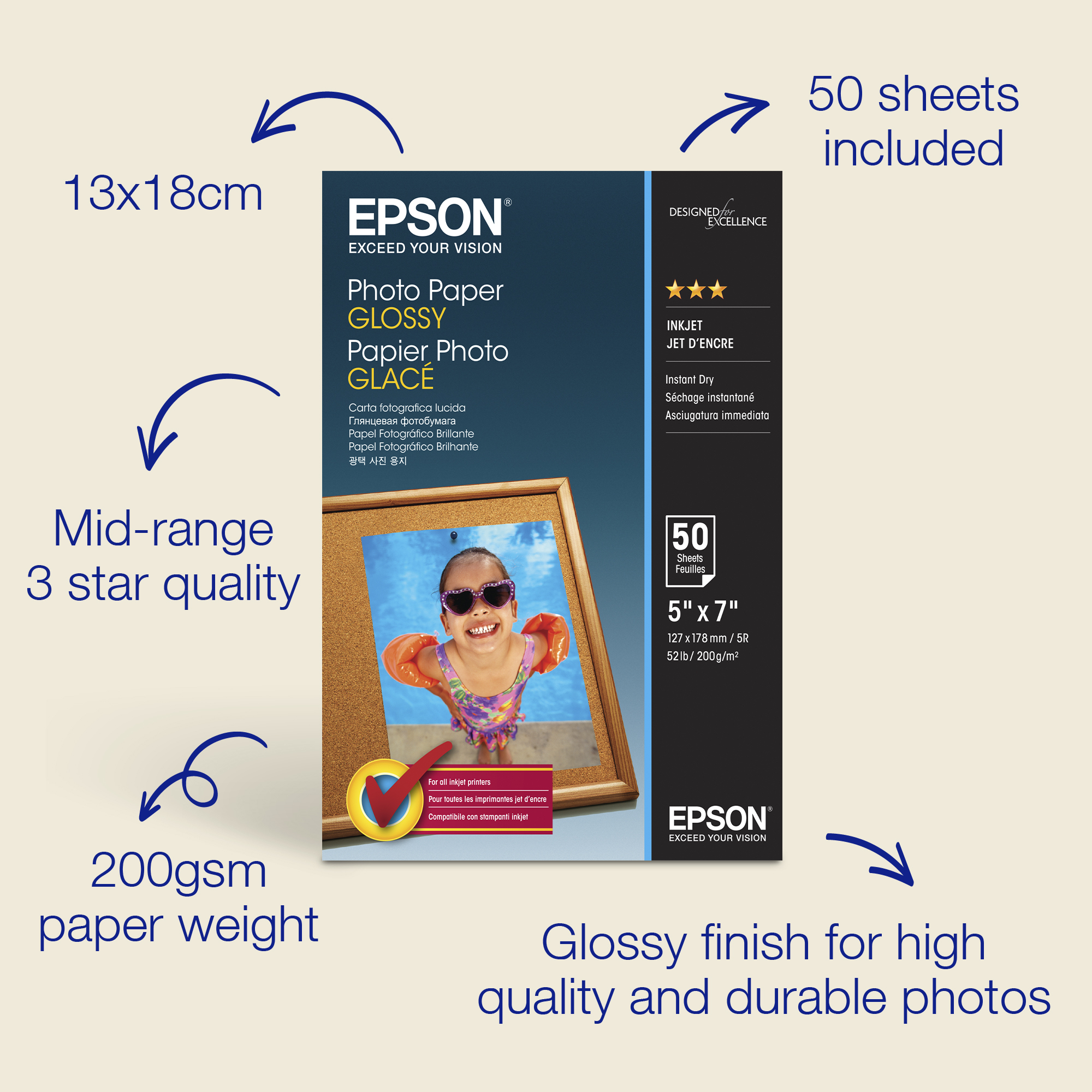 Epson Glossy Photo Paper (130 X 180Mm). 200Gsm. 50 Sheets