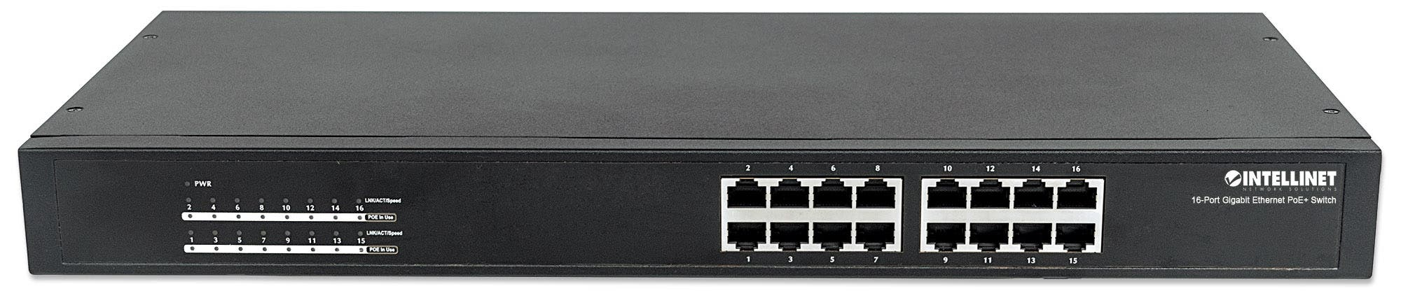 Intellinet 16-Port Gigabit Ethernet PoE+ Switch, 16 x PoE ports, IEEE 802.3at/af Power-over-Ethernet (PoE+/PoE), Endspan, Rackmount (UK 3-pin plug)