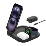 BELKIN BoostCharge 3-in-1 Magnetic Foldable Wireless Charger 15W With Qi2 - Black (WIZ029auBK),30W USB-C PS,1.5m USB-C to USB-C Cable,2 Years Warranty