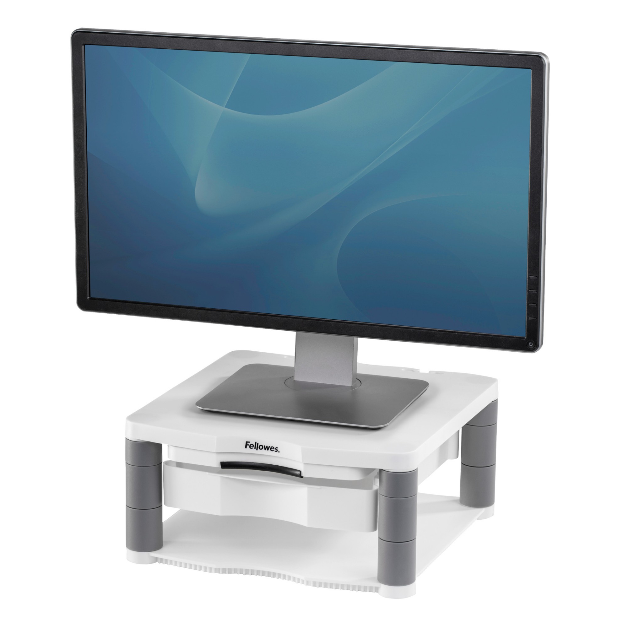 Fellowes Computer Monitor Stand with 3 Height Adjustments - Premium Monitor Riser Plus with Cable Management - Ergonomic Adjustable Monitor Stand for Computers - Max Weight 36KG/Max Size 21" - Platinum