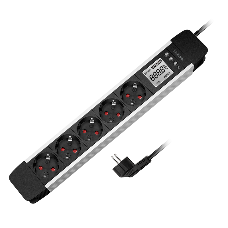 LogiLink Outlet Strip, 5 safety sockets, w/ power meter, aluminum