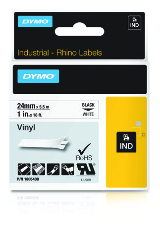Image of Dymo 1805430 Ribbon Vinyl black on white 24mmx5,5m for Dymo Rhino...