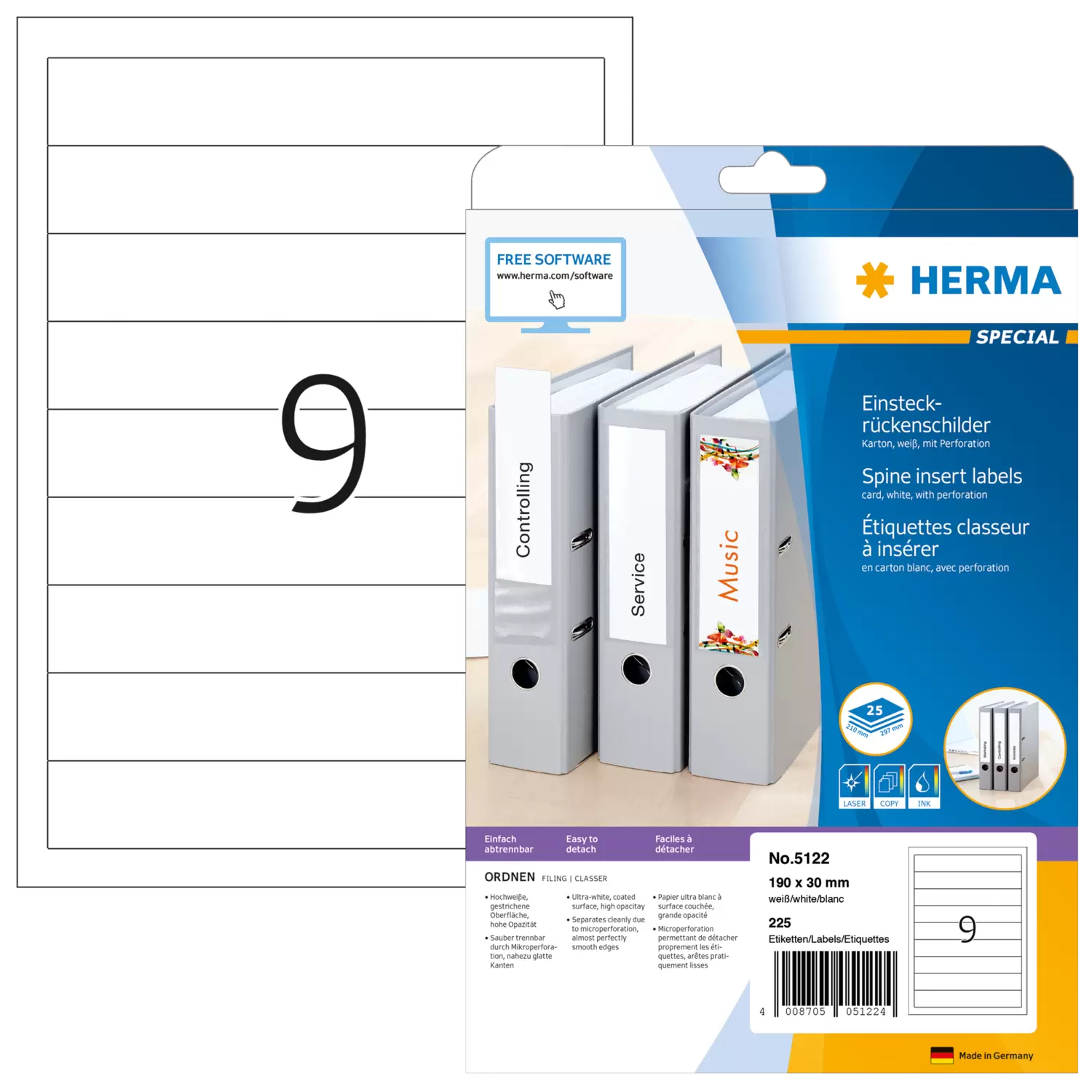 HERMA Spine insert labels A4 190x30 mm white cardboard perforated non-adhesive 225 pcs.