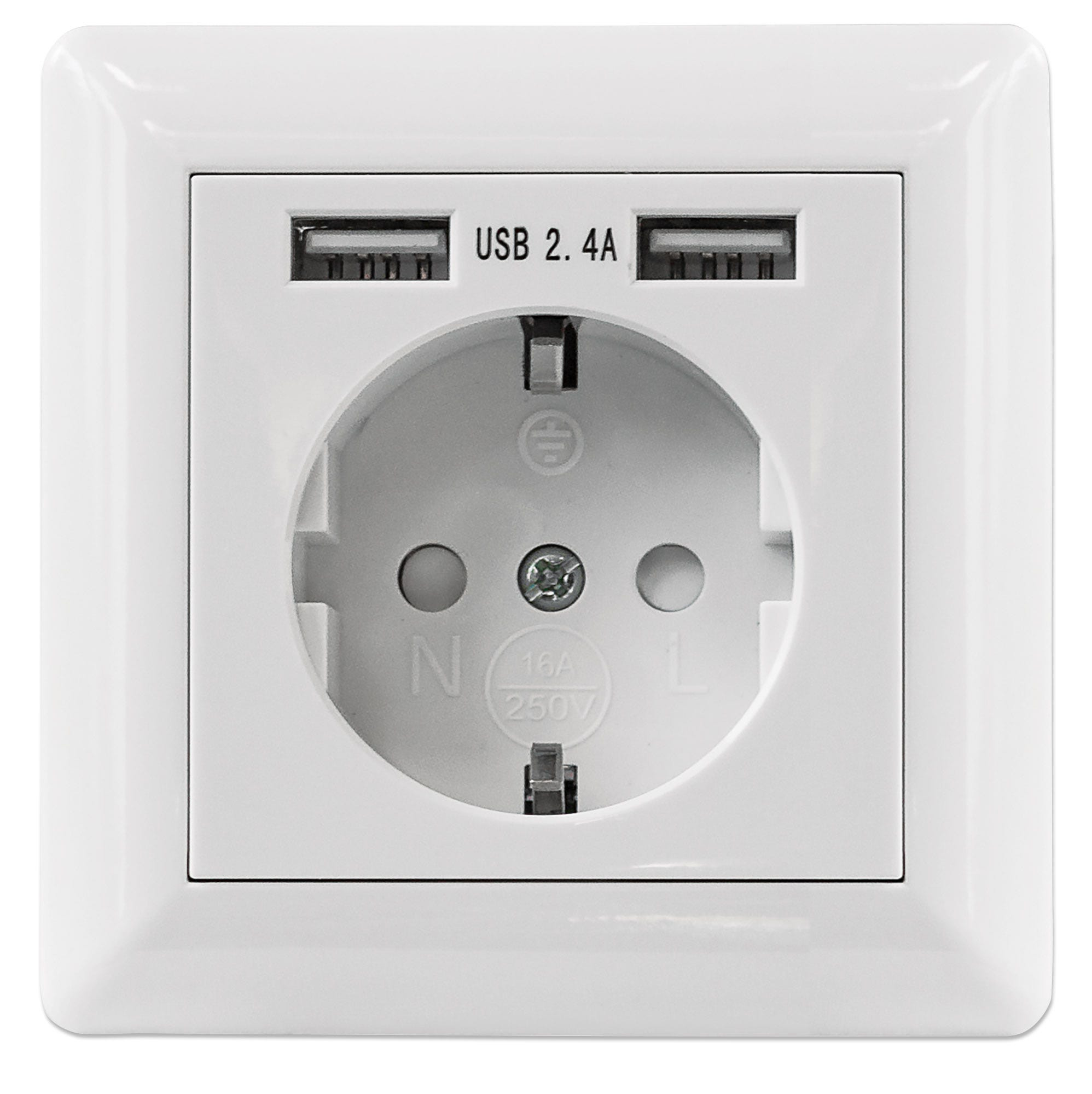 Intellinet 2-Port USB-A Wall Outlet and CEE 7/3 Socket with Faceplate, Two Charging Ports, One Socket Standard IEC60884, Output 5 V / 2.4 A, 80 x 80 European Faceplate