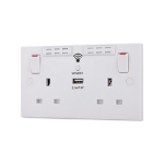 BG Electrical BG 2 Gang Switched Socket Square Edge 13A with Wi-Fi Extender + 1x USB-A 2.1A - White